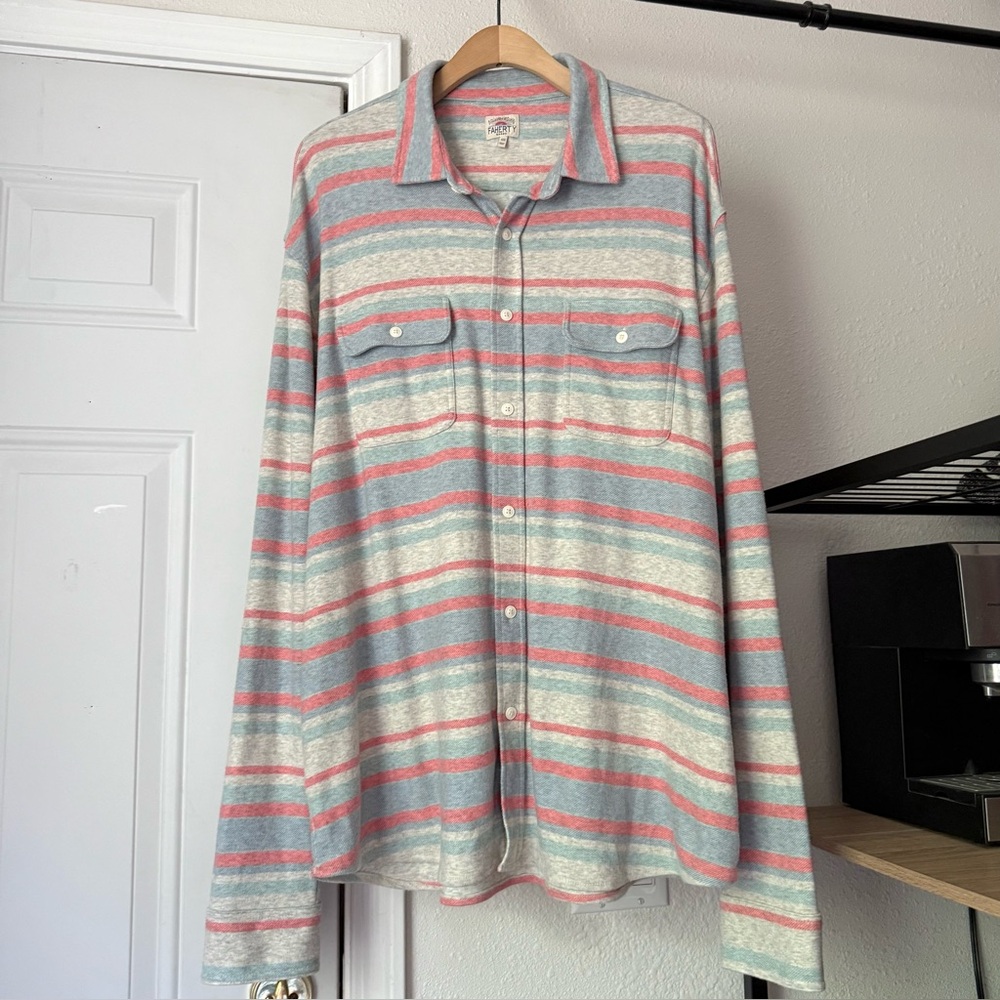 FAHERTY soft heather grey striped long sleeve button up shirt